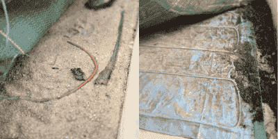 Esquema de una mesa de cultivo calefactora con cables y lecho de arena